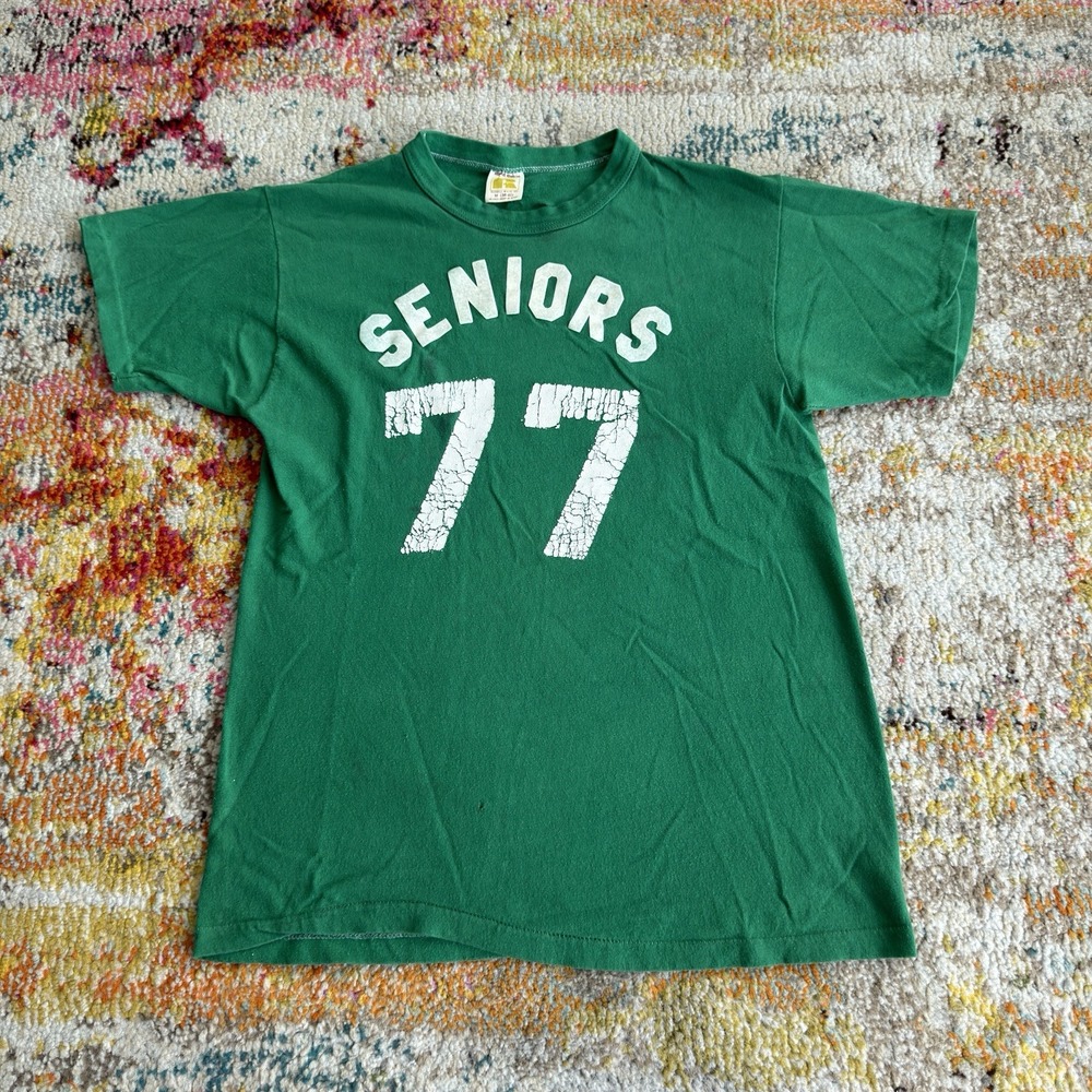 Vintage 1970s Russell Athletic Seniors 77 T-Shirt Mens Medium Green Gold Bar Tag